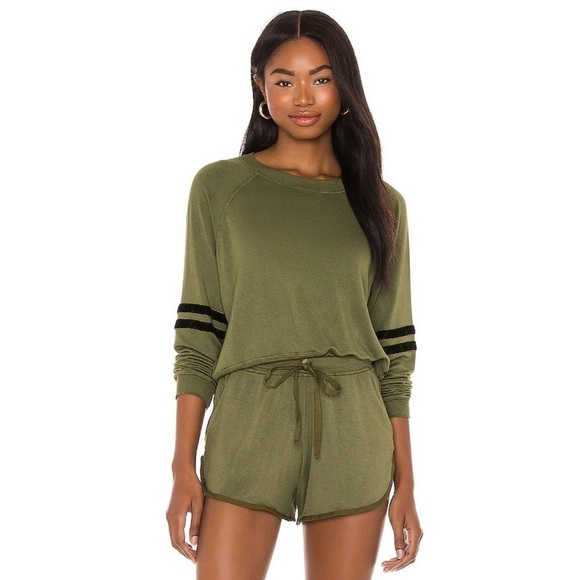 LVHR Revolve Sabina Crop Soft Micro Modal French Terry Raglan Sweatshirt Olive S - Picture 1 of 12